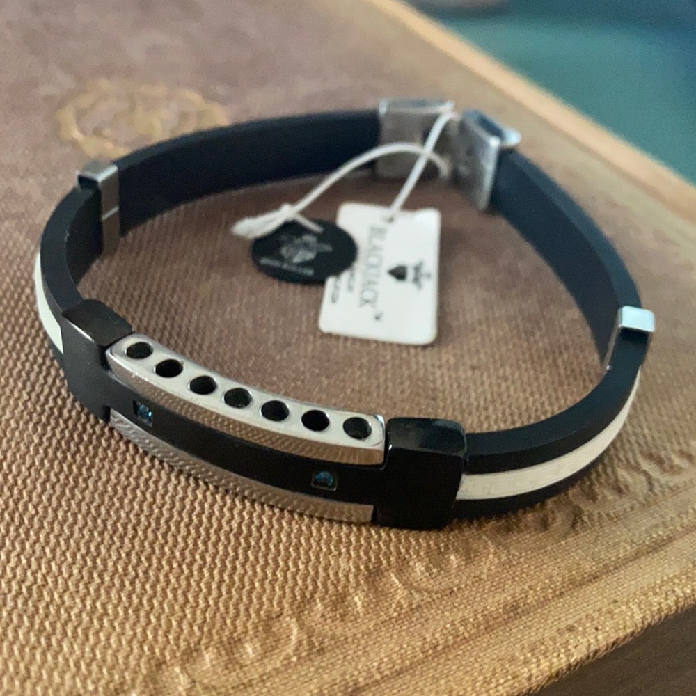 Blackjack Rubber & Steel Blue CZ Bracelet